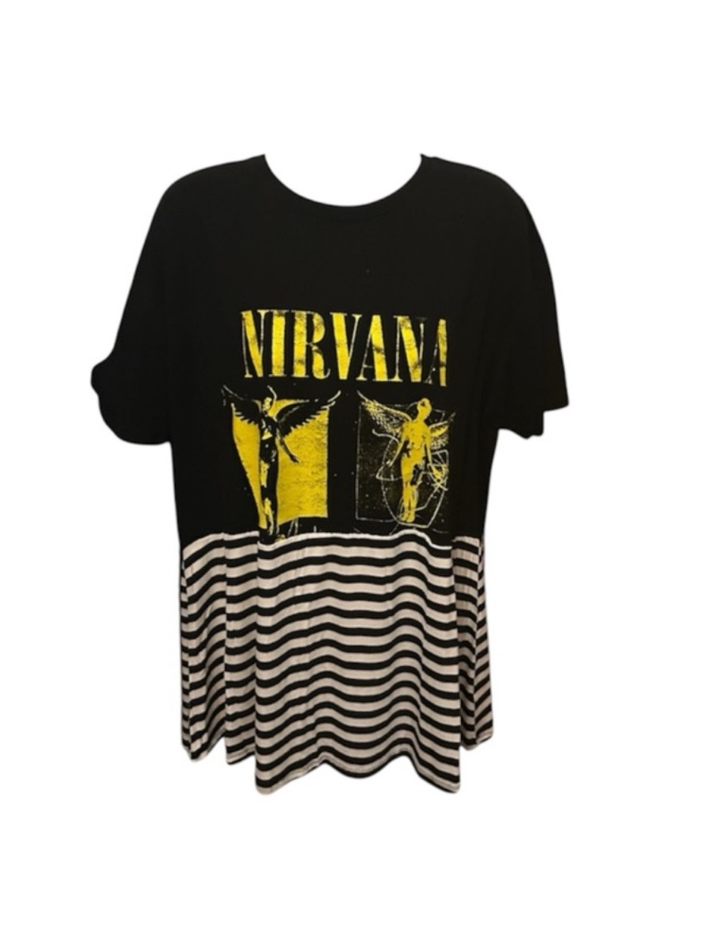 One of a kind Upcycled Nirvana Black & Yellow Graphic Tee with Striped Hem 22X27